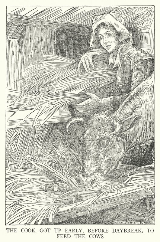 Kokki nousi aikaisin, ennen päivän koittoa ruokkimaan lehmiä (litho) tekijältä Louis John Rhead