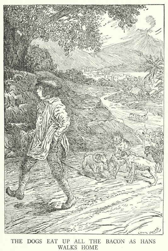 Koirat syövät kaiken pekonin, kun Hans kävelee kotiin (litho) tekijältä Louis John Rhead