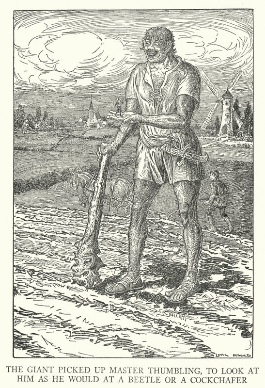 Jättiläinen nosti mestari Thumblingin katsoakseen häntä kuin kovakuoriaista tai kukkomarjaa (litho) tekijältä Louis John Rhead