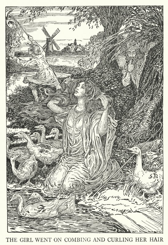 Tyttö jatkoi hiusten kampaamista ja kihartamista (litho) tekijältä Louis John Rhead