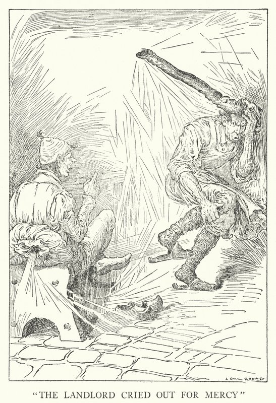 "Vuokranantaja huusi armoa" (litho) tekijältä Louis John Rhead