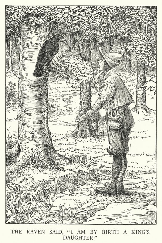 Korppi sanoi: "Olen syntymästäni kuninkaan tytär" (litho) tekijältä Louis John Rhead