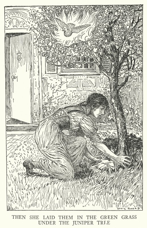 Hän laittoi ne vihreään ruohoon katajan alle (litho) tekijältä Louis John Rhead