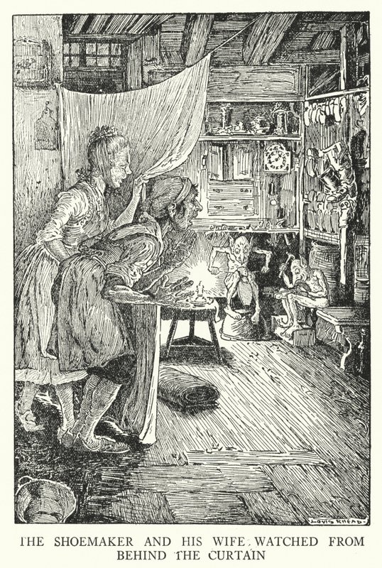 Suutari ja hänen vaimonsa katselivat verhon takaa (litho) tekijältä Louis John Rhead