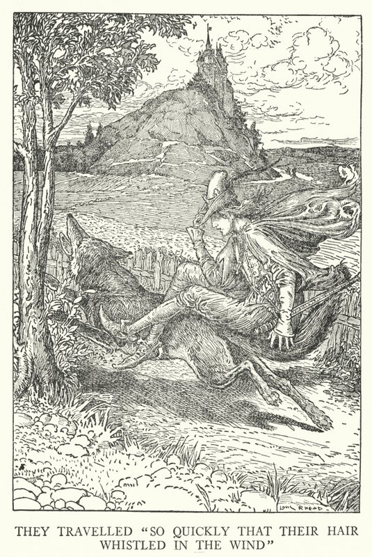 Matkustivat "niin nopeasti, että heidän hiuksensa vihelsi tuulessa" (litho) tekijältä Louis John Rhead
