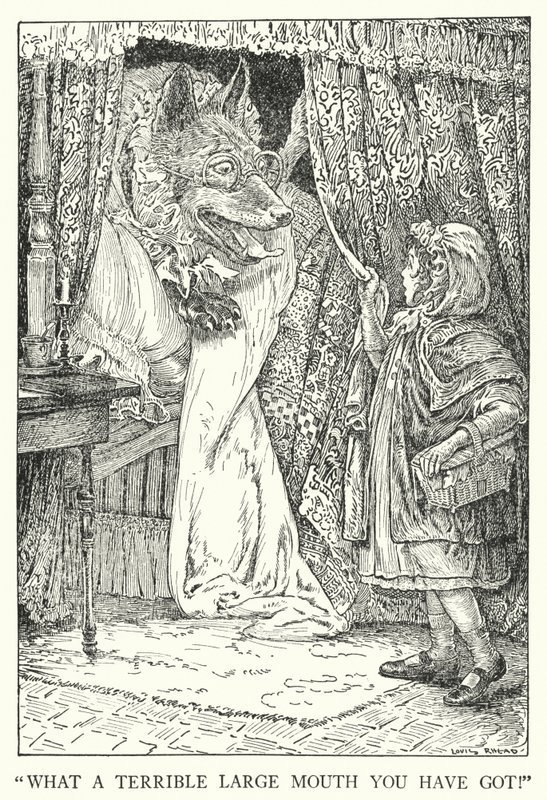 "Mikä hirveän suuri suu sinulla onkaan!" (litografia) tekijältä Louis John Rhead
