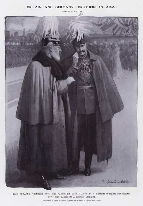 Kuningas Edward VII pukeutunut Preussin lohikuunien everstiksi ja keisari Wilhelm II pukeutuneena Britannian kenttämarsalkkaksi (litho) tekijältä Louis Remy Sabattier