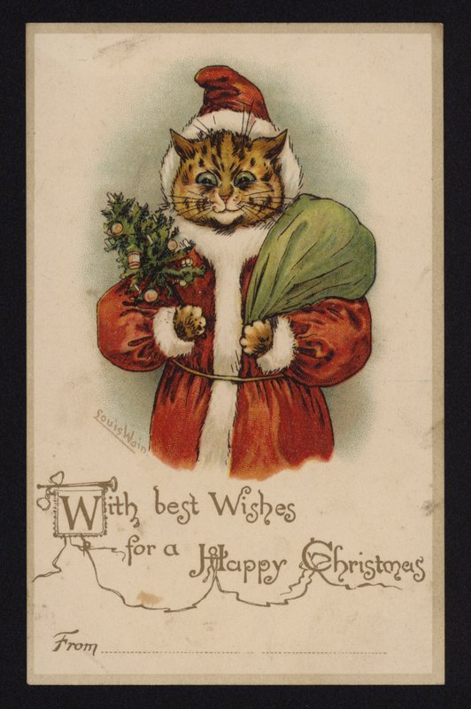 Kissa joulupukina, joulutervehdyskortti (chromolitho) tekijältä Louis Wain
