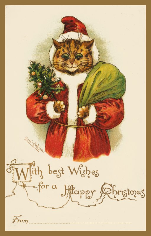 Kissa pukeutunut joulupukki (chromolitho) tekijältä Louis Wain