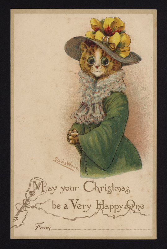 Kissa, jolla on naisen hattu ja takki, joulutervehdyskortti (chromolitho) tekijältä Louis Wain