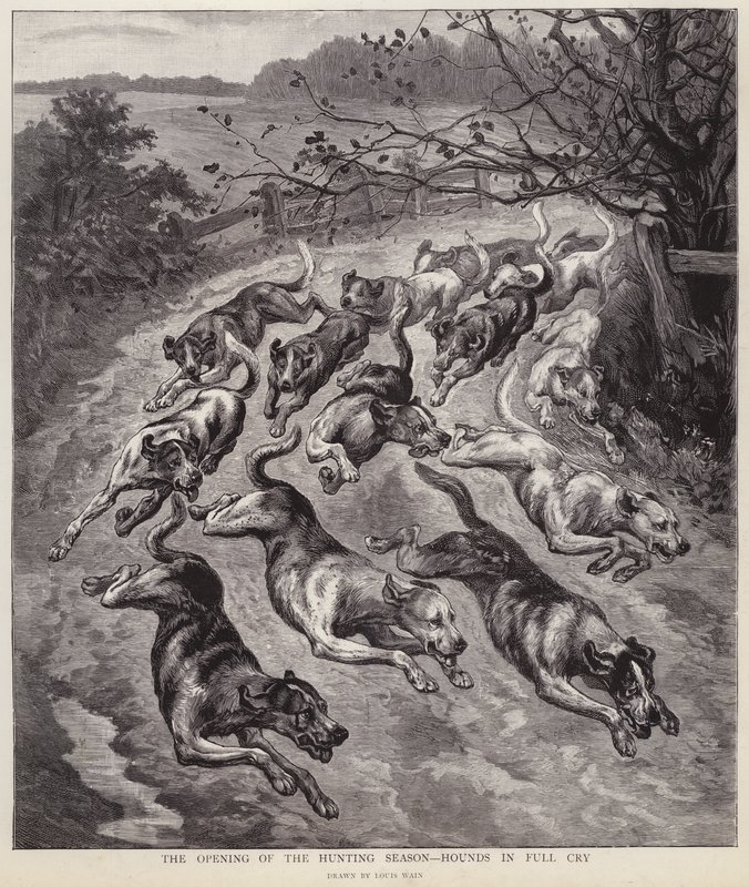Koirat täydessä itkussa metsästyskauden alussa (litho) tekijältä Louis Wain