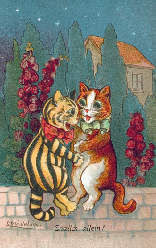Humoristinen kissapostikortti (värilitografia) tekijältä Louis Wain
