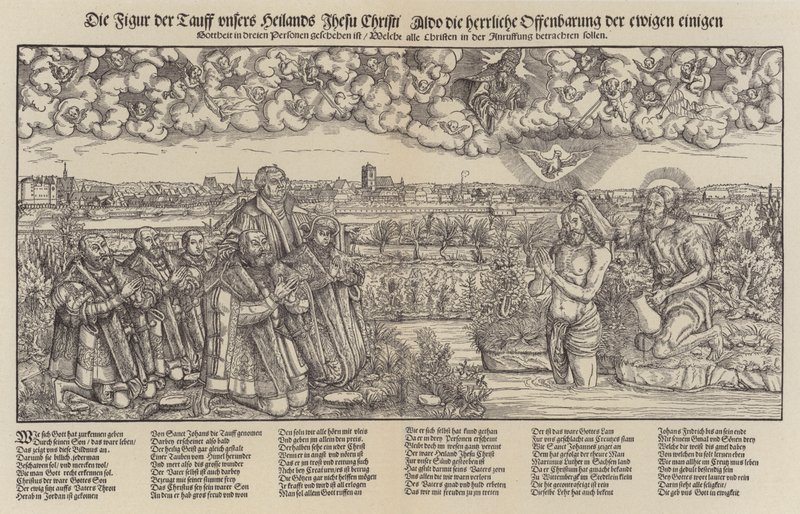 Frederick III, Saksin vaaliruhtinas ja Martti Luther todistamassa Kristuksen kastetta (kaiverrus;) tekijältä Lucas the Elder (after) Cranach