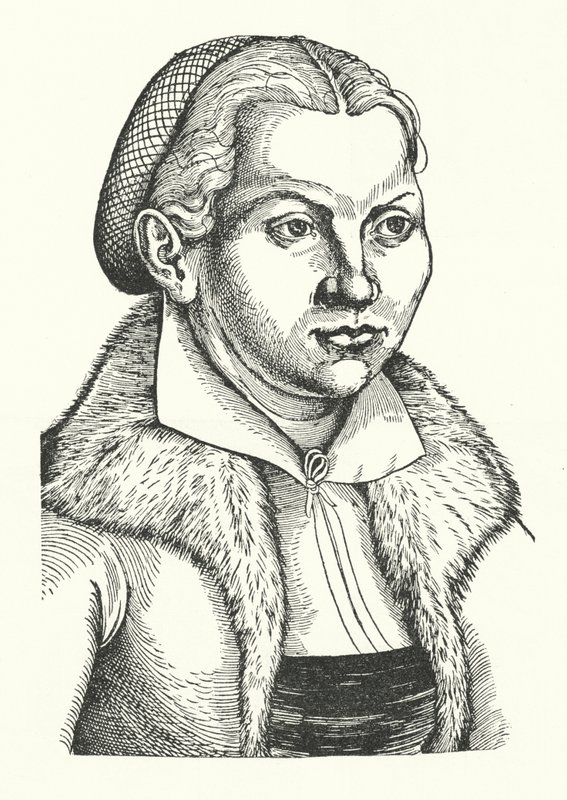 Katharina von Bora, saksalaisen protestanttisen uskonpuhdistajan Martin Lutherin vaimo (kaiverrus) tekijältä Lucas the Elder (after) Cranach