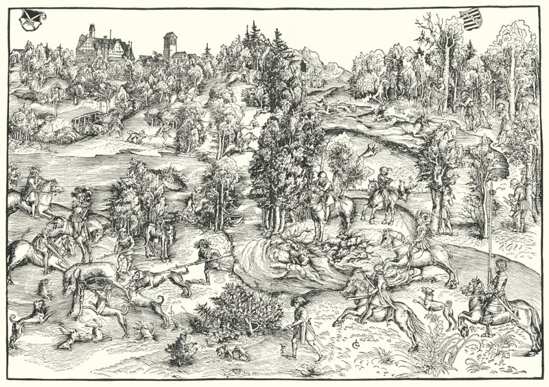 Hirvenmetsästys hirvipuistossa tai maisemassa (kaiverrus) tekijältä Lucas the Elder (after) Cranach