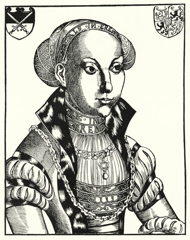 Sybille of Cleves, John Frederick I:n puoliso, Saksin vaaliruhtinas (kaiverrus) tekijältä Lucas the Elder (after) Cranach