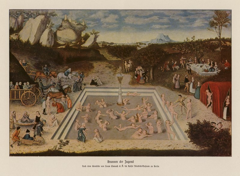 Nuoruuden lähde (värilitografia) tekijältä Lucas the Elder (after) Cranach