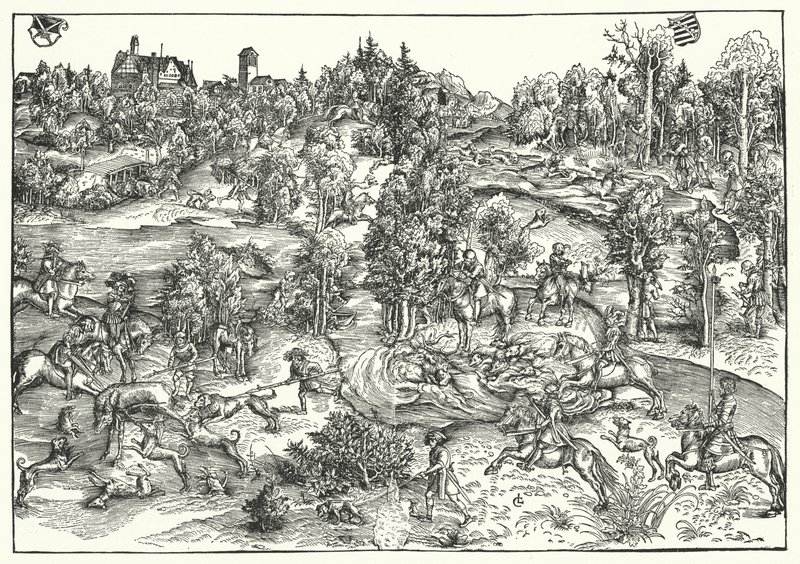 The Stag Hunt (kaiverrus) tekijältä Lucas the Elder (after) Cranach