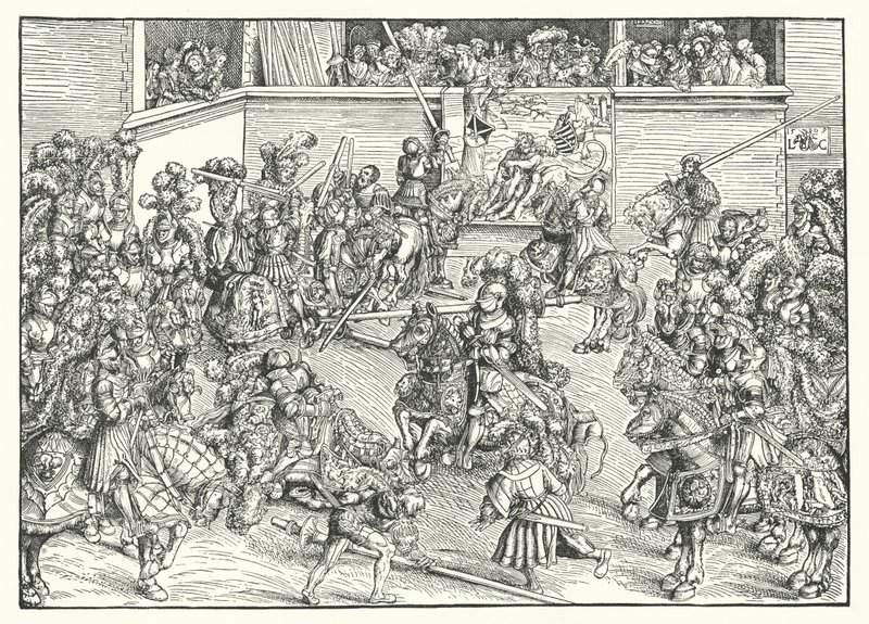 Turnaus Simsonin ja leijonan kuvakudoksella (kaiverrus) tekijältä Lucas the Elder (after) Cranach