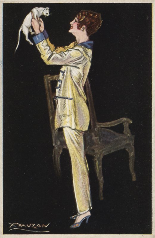 Tyttö pyjamassa pitelee valkoista kissaa (väri litho) tekijältä Luciano Achille Mauzan