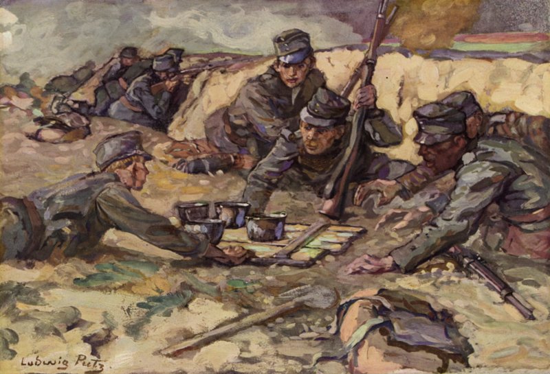 Virkistystä kenttäkeittiöstä taisteluhaudoissa (väri litho) tekijältä Ludwig Putz