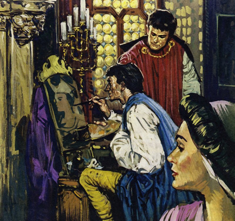 Kreivi Johanneksesta tuli Van Eyckin suojelija Haagissa (värilitografia). tekijältä Luis Arcas Brauner