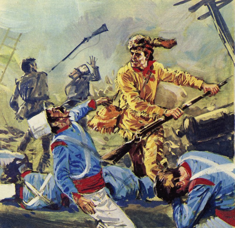 Davy Crockett kaatui lopulta meksikolaisten lakkaamattomiin hyökkäyksiin (värilitografia). tekijältä Luis Arcas Brauner
