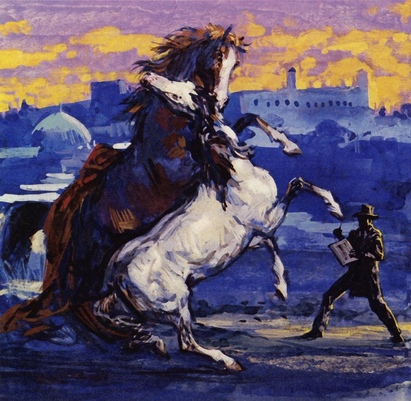 Delacroix näki kahden villin oriin tappelevan ja piittaamatta vaarasta piirtää kohtauksen (värilitografia). tekijältä Luis Arcas Brauner