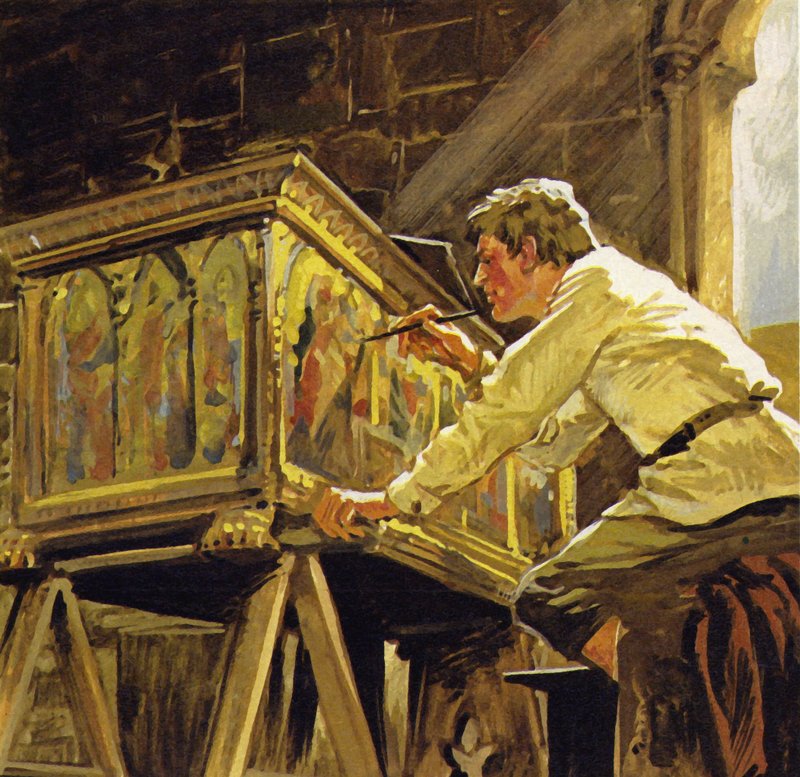 Duccio di Buoninsegna työskenteli Sienassa koristellen laatikoita (värilitografia). tekijältä Luis Arcas Brauner