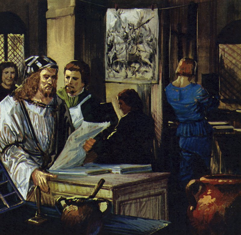 Durer meni Baseliin ja hänestä tuli ksylografi (puukaivertaja) (värilitografia). tekijältä Luis Arcas Brauner