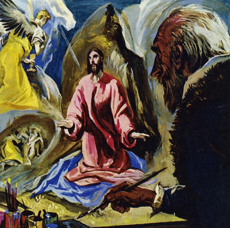 El Greco jatkoi uskonnollisten aiheiden maalaamista kuolemaansa asti 73-vuotiaana (värilitografia). tekijältä Luis Arcas Brauner
