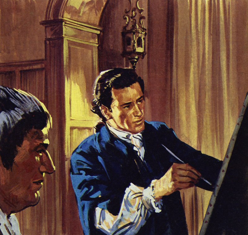 Gainsborough asui Ipswichissä ja ansaitsi elantonsa maalaamalla muotokuvia (värilitografia). tekijältä Luis Arcas Brauner