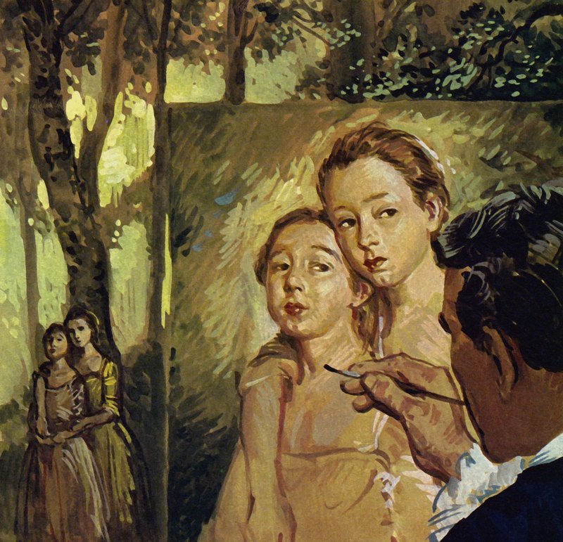 Gainsborough maalasi usein muotokuvia kahdesta tyttärestään (värilitografia). tekijältä Luis Arcas Brauner