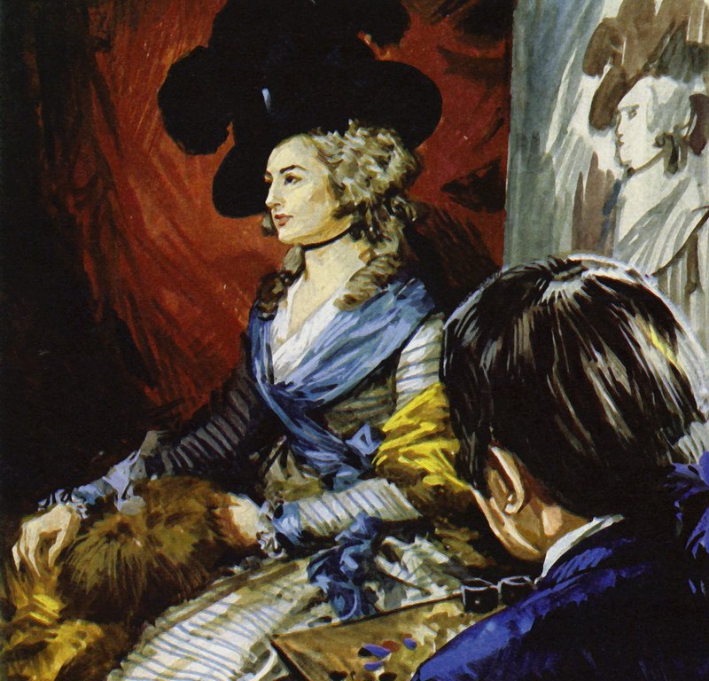 Gainsborough matkusti Lontooseen maalaamaan näyttelijätär Mrs Siddonsia (värilitografia). tekijältä Luis Arcas Brauner