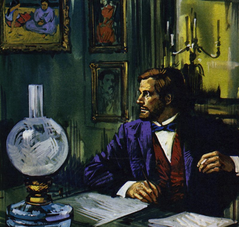 Gauguin toivoi palaavansa Ranskaan, mutta hänen ystävänsä suostutteli hänet jäämään Tahitille (värilitografia). tekijältä Luis Arcas Brauner