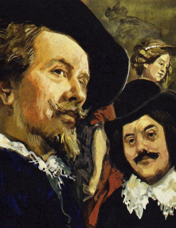 Hals tapasi Paul Rubensin (vas.) matkalla Antwerpeniin (värilitografia). tekijältä Luis Arcas Brauner
