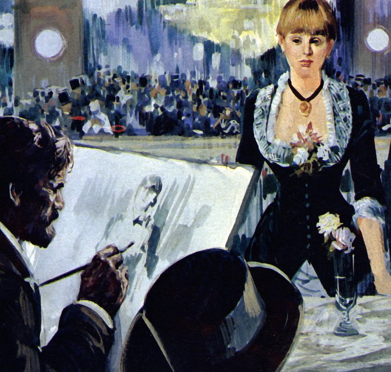 Manet maalaa Folies-Bergeren baaritiskin takana olevaa tyttöä (värilitografia). tekijältä Luis Arcas Brauner