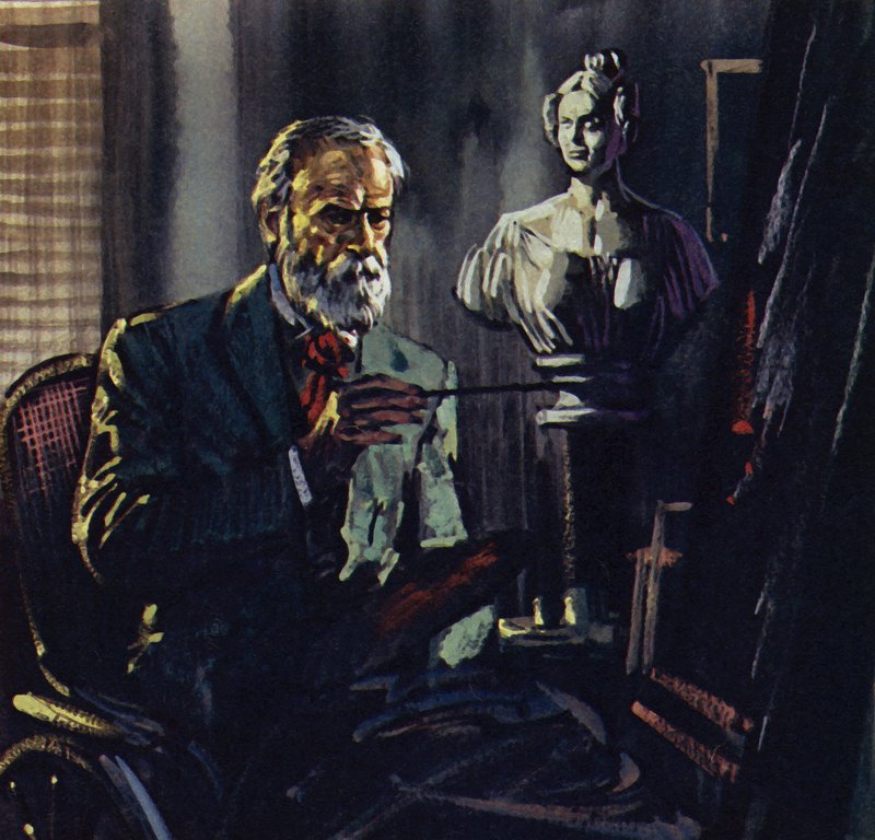 Renoir oli reuman vuoksi sidottu kylpytuoliin (värilitografia). tekijältä Luis Arcas Brauner