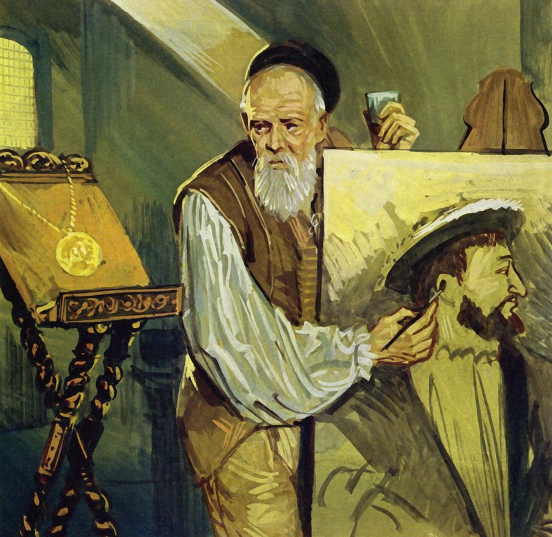 Tizian maalasi Ranskan kuningas Frans I:n muotokuvan mitalin pohjalta (värilitografia). tekijältä Luis Arcas Brauner