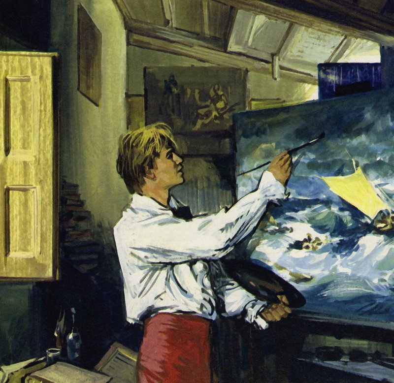 Turner teki Walesin ja Wightin saaren matkoiltaan luonnoksia suurikokoisiksi maalauksiksi (värilitografia). tekijältä Luis Arcas Brauner