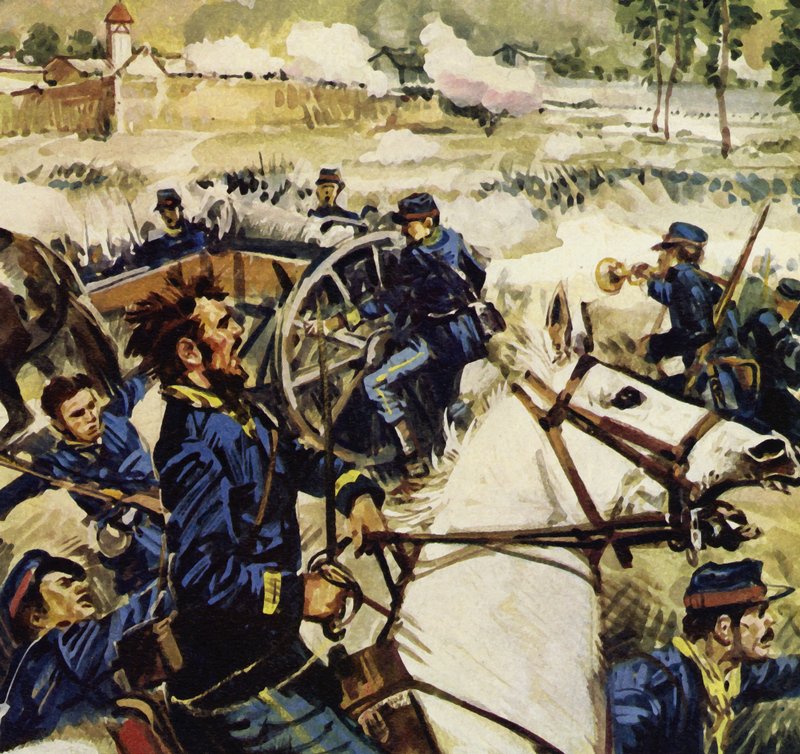 Kun sota syttyi Ranskan ja Preussin välillä, Manet liittyi tykistöön (värilitografia). tekijältä Luis Arcas Brauner