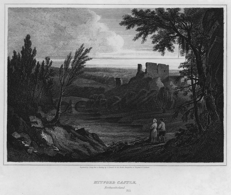 Mitfordin linna, Northumberland (kaiverrus) tekijältä Luke (after) Clennell