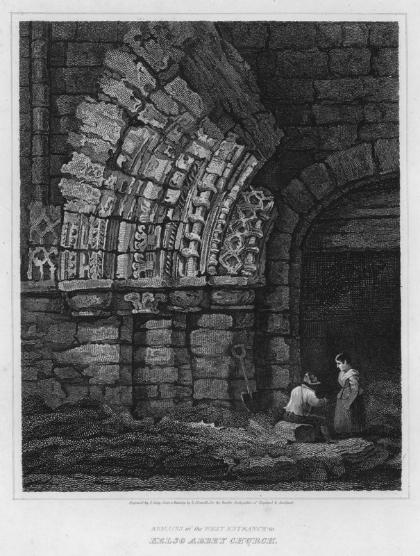 Kelso Abbey -kirkon läntisen sisäänkäynnin rauniot (kaiverrus) tekijältä Luke (after) Clennell