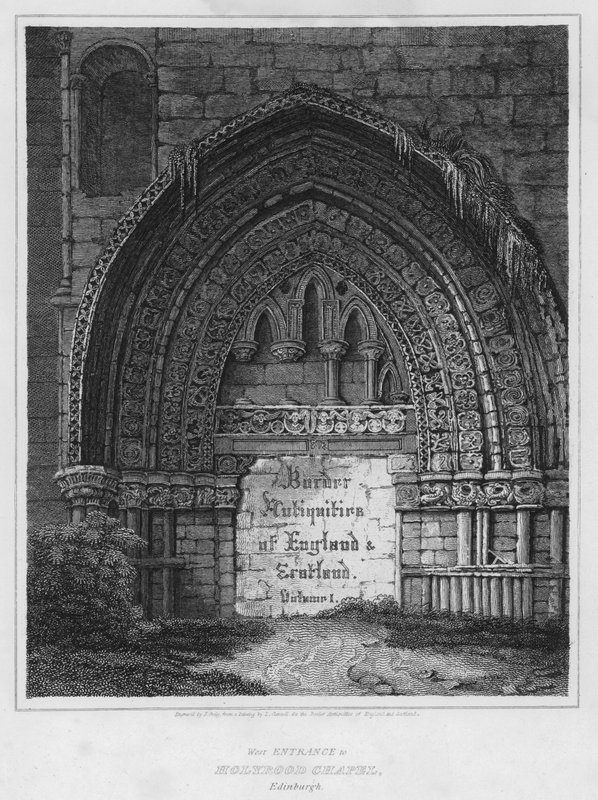 Holyrood Chapelin läntinen sisäänkäynti, Edinburgh (kaiverrus) tekijältä Luke (after) Clennell