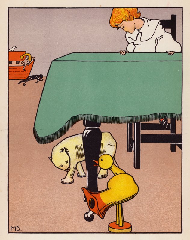 "Pöydän jalkojen ympärillä" (värilitografia) tekijältä Mabel Dearmer