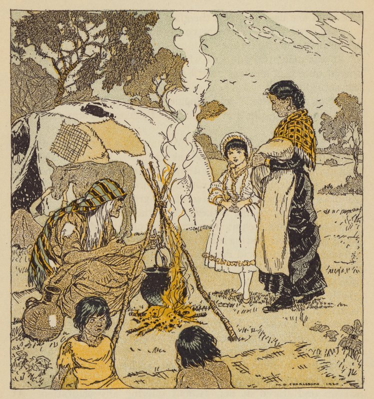 Maggie Tulliver mustalaisten kanssa, kohtaus teoksesta The Mill on the Floss, kirjoittanut George Eliot (värilitho) tekijältä Malcolm Daniel Charleson