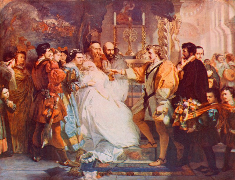 Shakespeare: Sankarin kieltäminen, Paljon melua tyhjästä, näytös IV, kohtaus 1 (värilitho) tekijältä Marcus (after) Stone