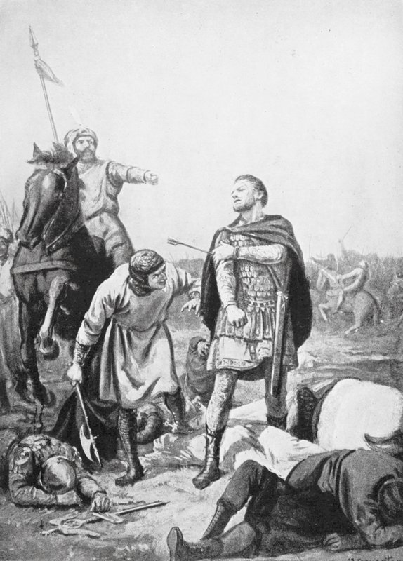Keisari Romanus Diogenesin vangitseminen Alp Arslanin toimesta vuonna 1071 (litografia). tekijältä Margaret (after) Dovaston