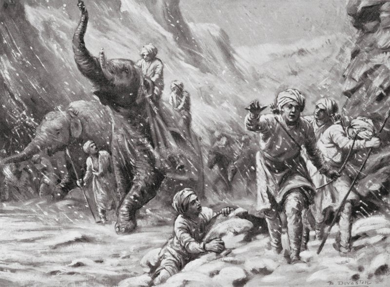 Mahmud of Ghaznin ensimmäinen menestys, 1000 jKr. (litografia) tekijältä Margaret (after) Dovaston