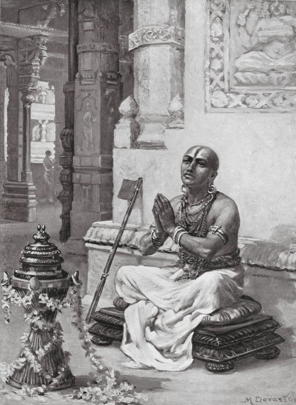 Ramanuja pohtimassa filosofiaansa yhdestä persoonallisesta Jumalasta, 1100 jKr. (litografia) tekijältä Margaret (after) Dovaston